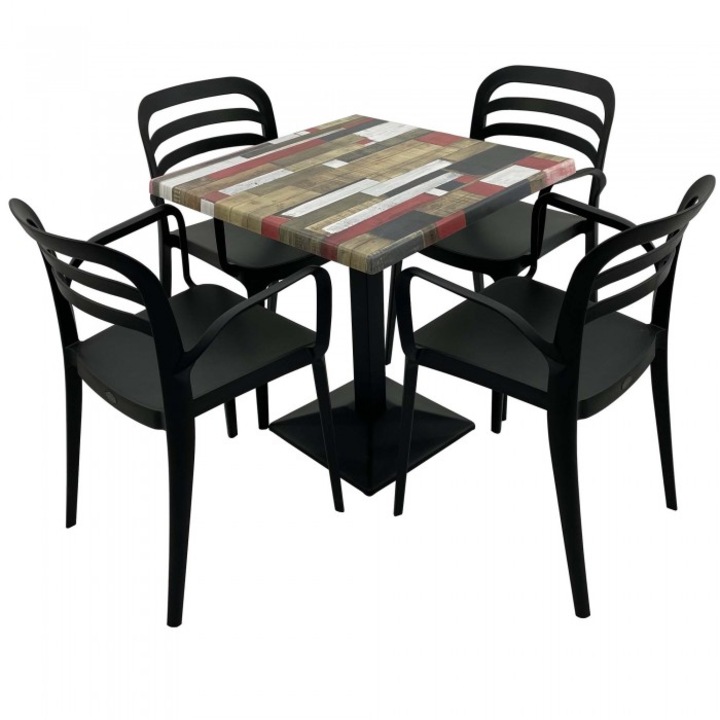 Set mobila de terasa restaurant Raki Redden Wood masa patrata 70x70cm cu blat werzalit si baza metalica culoare negru, 4 scaune ASPENDOS cu brate negre