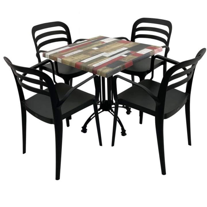 Set mobila de terasa restaurant Raki Redden Wood masa patrata 70x70cm cu blat werzalit si baza retro, 4 scaune ASPENDOS cu brate negre