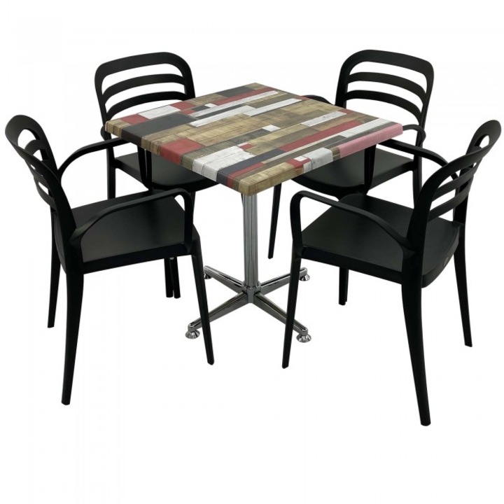 Set mobila de terasa restaurant Raki Redden Wood masa patrata 70x70cm cu blat werzalit si baza crom clasic, 4 scaune ASPENDOS cu brate negre