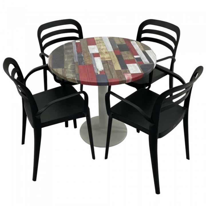 Set mobila de terasa restaurant Raki Redden Wood masa rotunda 80cm cu blat werzalit si baza metalica culoare alba, 4 scaune ASPENDOS cu brate negre