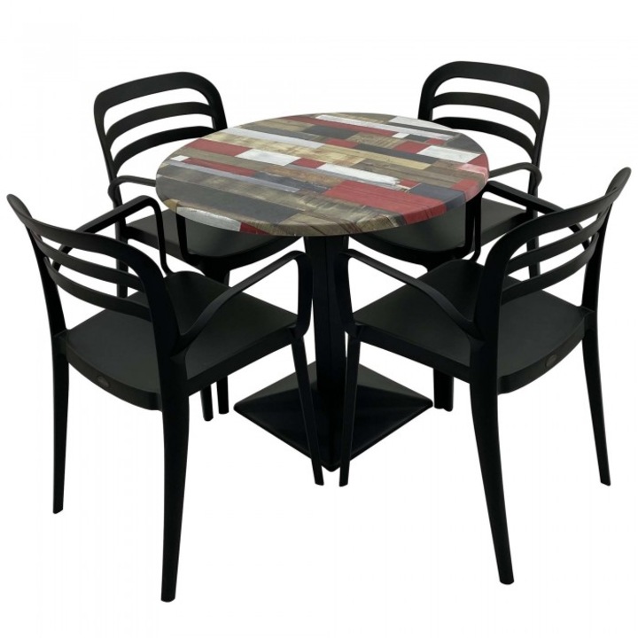 Set mobila de terasa restaurant Raki Redden Wood masa rotunda 80cm cu blat werzalit si baza metalica culoare negru, 4 scaune ASPENDOS cu brate negre
