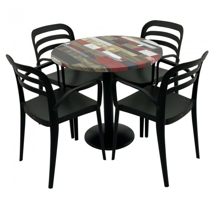 Set mobila de terasa restaurant Raki Redden Wood masa rotunda 80cm cu blat werzalit si baza metalica, negru, 4 scaune ASPENDOS cu brate negre