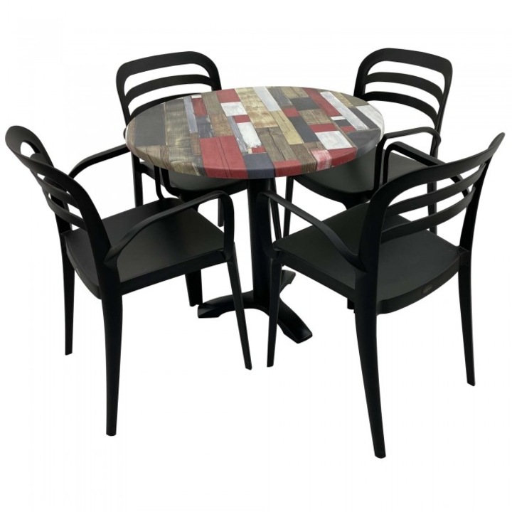 Set mobila de terasa restaurant Raki Redden Wood masa rotunda 80cm cu blat werzalit si picior metalic culoare negru, 4 scaune ASPENDOS cu brate negre