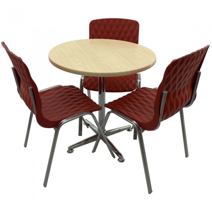 Set mobila de terasa restaurant Raki Maple masa rotunda 70cm cu blat werzalit si picior cromat, 3 scaune ROYAL rosii