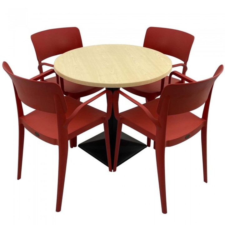 Set mobila de terasa restaurant Raki Maple masa rotunda 80cm cu blat werzalit si baza metalica culoare negru, 4 scaune PANORA cu brate rosii