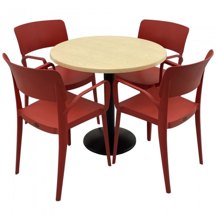 Set mobila de terasa restaurant Raki Maple masa rotunda 80cm cu blat werzalit si baza metalica, negru, 4 scaune PANORA cu brate rosii