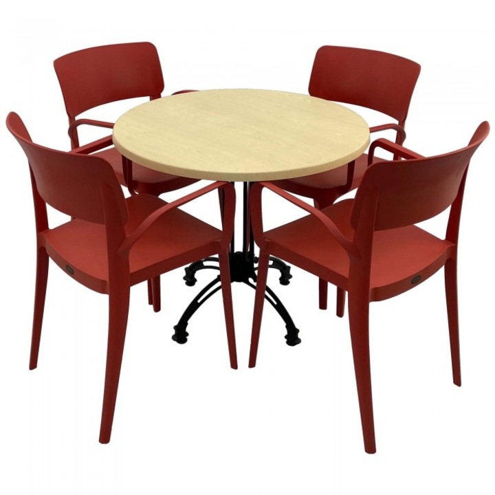 Set mobila de terasa restaurant Raki Maple masa rotunda 80cm cu blat werzalit si baza retro, clasic, 4 scaune PANORA cu brate rosii