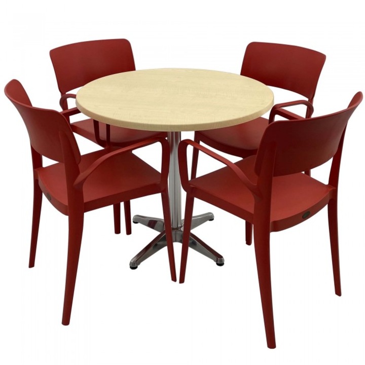 Set mobila de terasa restaurant Raki Maple masa rotunda 80cm cu blat werzalit si baza aluminiu, 4 scaune PANORA cu brate rosii