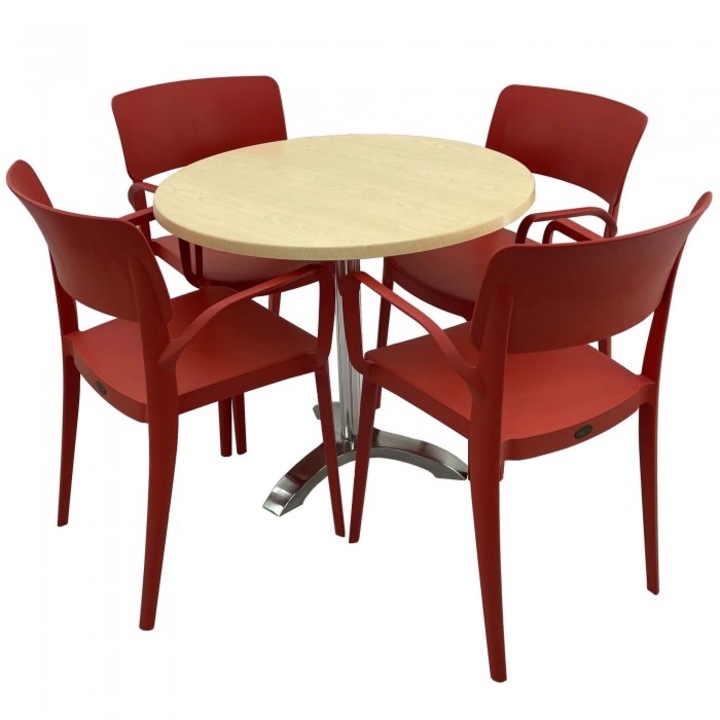 Set mobila de terasa restaurant Raki Maple masa rotunda 80cm cu blat werzalit si picior aluminiu, 4 scaune PANORA cu brate rosii
