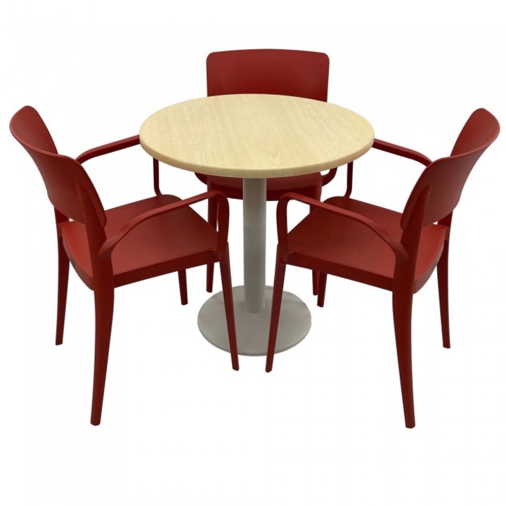 Set mobila de terasa restaurant Raki Maple masa rotunda 70cm cu blat werzalit si baza metalica culoare alba, 3 scaune PANORA cu brate rosii