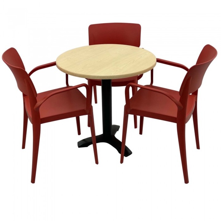 Set mobila de terasa restaurant Raki Maple masa rotunda 70cm cu blat werzalit si picior metalic culoare negru, 3 scaune PANORA cu brate rosii