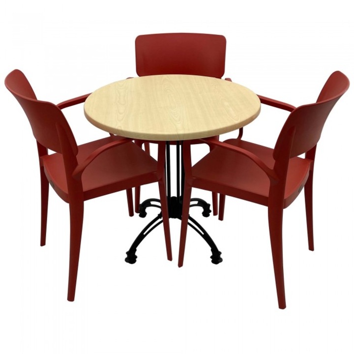 Set mobila de terasa restaurant Raki Maple masa rotunda 70cm cu blat werzalit si baza retro, 3 scaune PANORA cu brate rosii