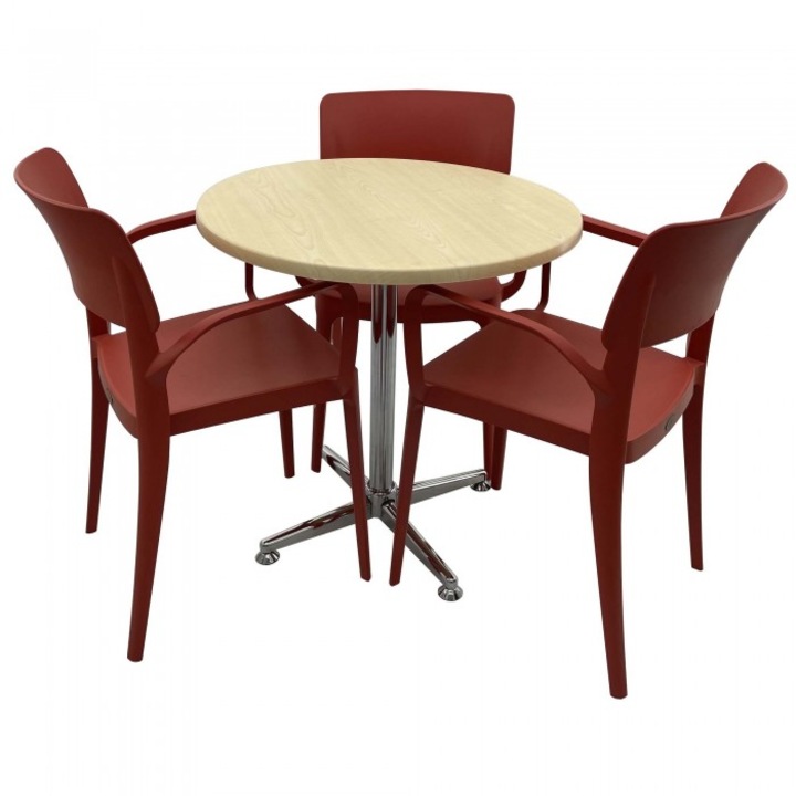 Set mobila de terasa restaurant Raki Maple masa rotunda 70cm cu blat werzalit si picior cromat, 3 scaune PANORA cu brate rosii