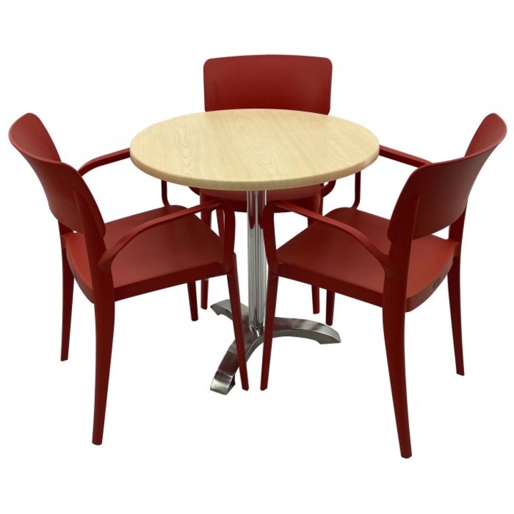 Set mobila de terasa restaurant Raki Maple masa rotunda 70cm cu blat werzalit si picior aluminiu, 3 scaune PANORA cu brate rosii