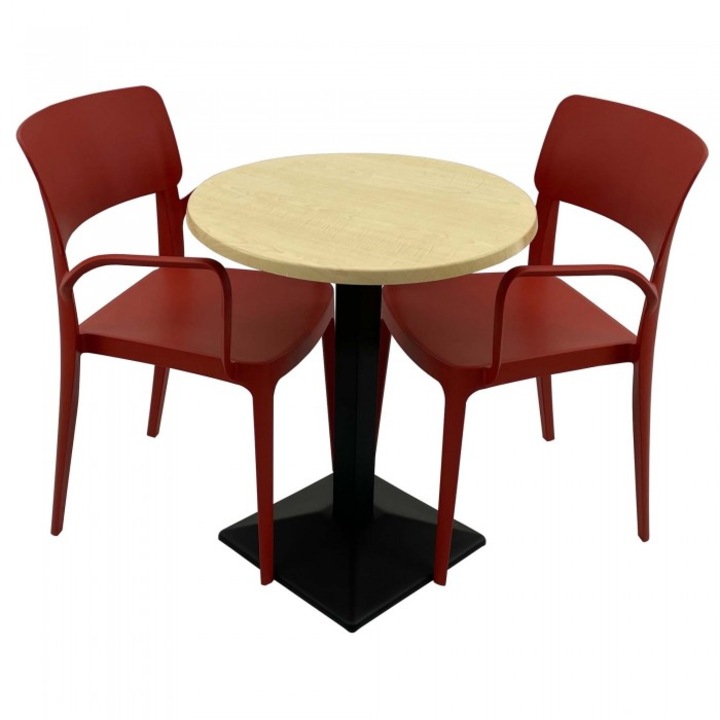Set mobila de terasa restaurant Raki Maple masa rotunda 60cm cu blat werzalit si baza metalica culoare negru, 2 scaune PANORA cu brate rosii