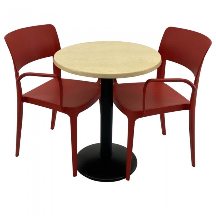 Set mobila de terasa restaurant Raki Maple masa rotunda 60cm cu blat werzalit si baza metalica, negru, 2 scaune PANORA cu brate rosii