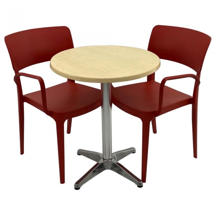 Set mobila de terasa restaurant Raki Maple masa rotunda 60cm cu blat werzalit si baza aluminiu, 2 scaune PANORA cu brate rosii