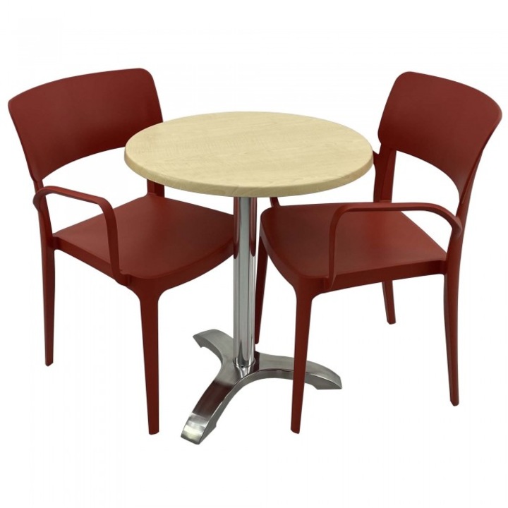 Set mobila de terasa restaurant Raki Maple masa rotunda 60cm cu blat werzalit si picior aluminiu, 2 scaune PANORA cu brate rosii