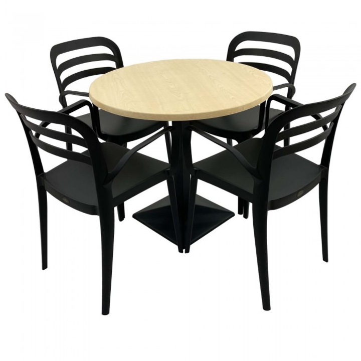Set mobila de terasa restaurant Raki Maple masa rotunda 80cm cu blat werzalit si baza metalica culoare negru, 4 scaune ASPENDOS cu brate negre