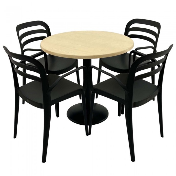 Set mobila de terasa restaurant Raki Maple masa rotunda 80cm cu blat werzalit si baza metalica, negru, 4 scaune ASPENDOS cu brate negre