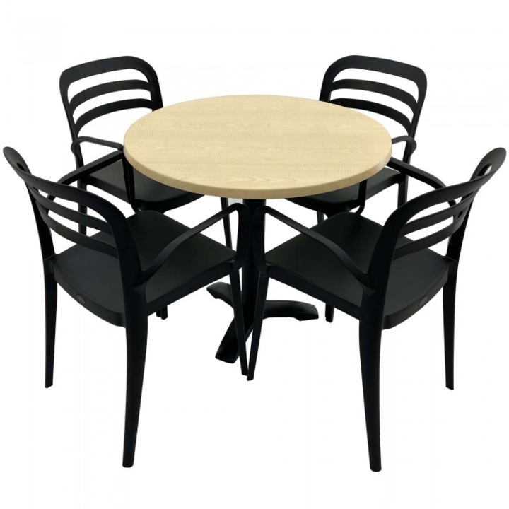 Set mobila de terasa restaurant Raki Maple masa rotunda 80cm cu blat werzalit si picior metalic culoare negru, 4 scaune ASPENDOS cu brate negre