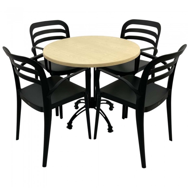 Set mobila de terasa restaurant Raki Maple masa rotunda 80cm cu blat werzalit si baza retro, clasic, 4 scaune ASPENDOS cu brate negre