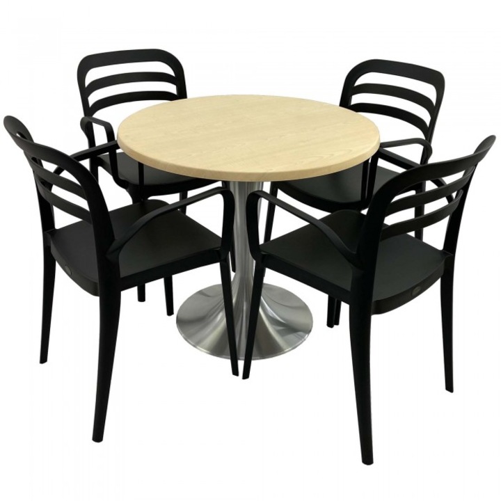 Set mobila de terasa restaurant Raki Maple masa rotunda 80cm cu blat werzalit si baza aluminiu, 4 scaune ASPENDOS cu brate negre