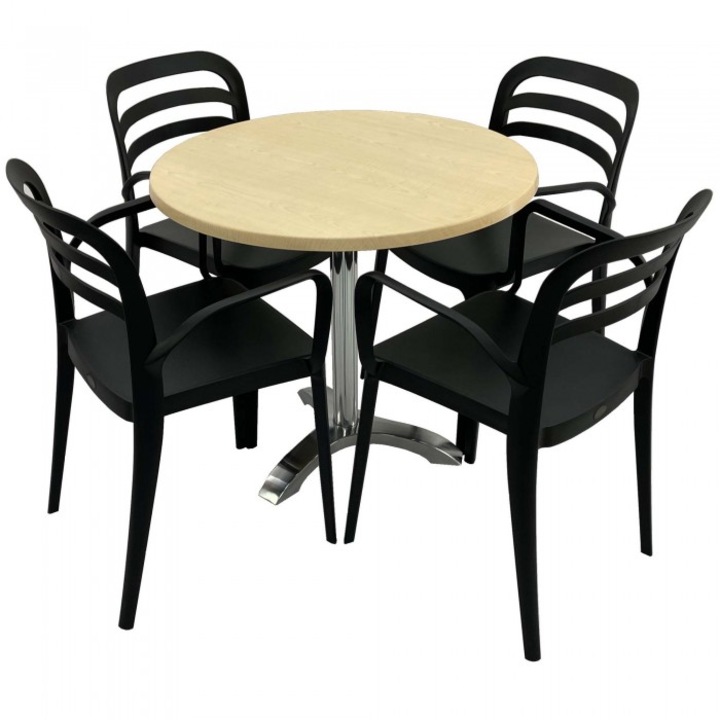 Set mobila de terasa restaurant Raki Maple masa rotunda 80cm cu blat werzalit si picior aluminiu, 4 scaune ASPENDOS cu brate negre