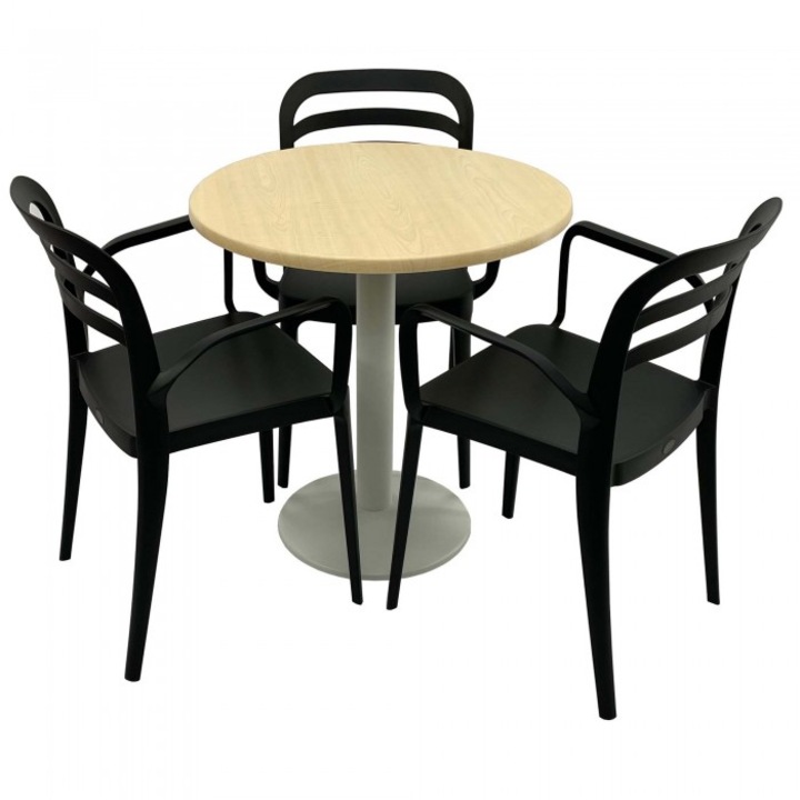 Set mobila de terasa restaurant Raki Maple masa rotunda 70cm cu blat werzalit si baza metalica culoare alba, 3 scaune ASPENDOS cu brate negre