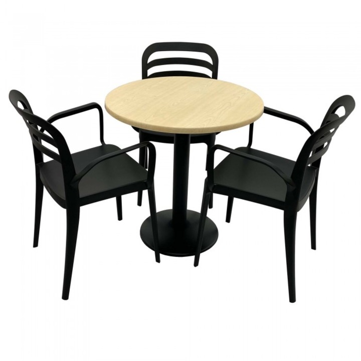 Set mobila de terasa restaurant Raki Maple masa rotunda 70cm cu blat werzalit si baza metalica, negru, 3 scaune ASPENDOS cu brate negre