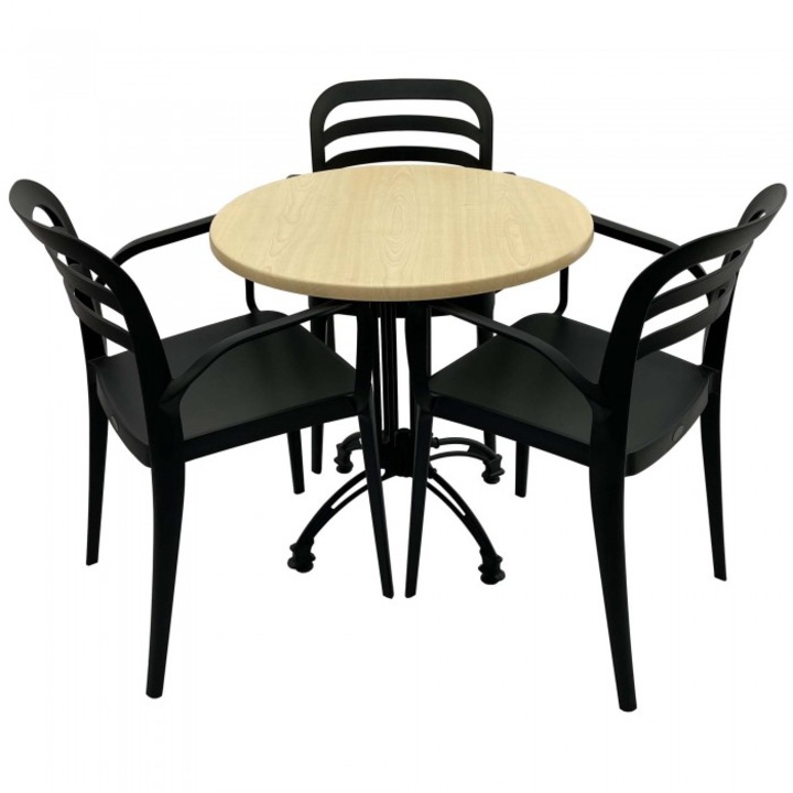 Set mobila de terasa restaurant Raki Maple masa rotunda 70cm cu blat werzalit si baza retro, 3 scaune ASPENDOS cu brate negre