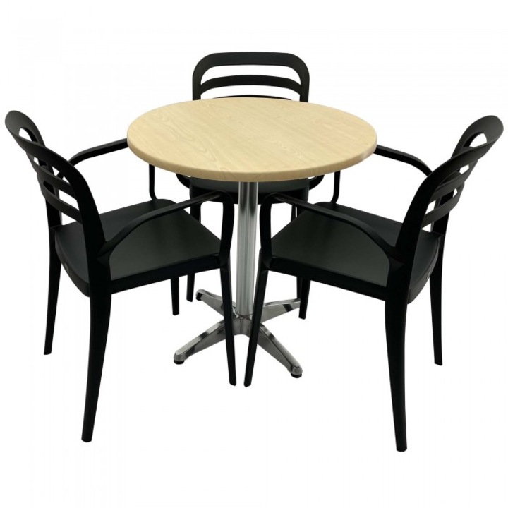 Set mobila de terasa restaurant Raki Maple masa rotunda 70cm cu blat werzalit si baza aluminiu, 3 scaune ASPENDOS cu brate negre