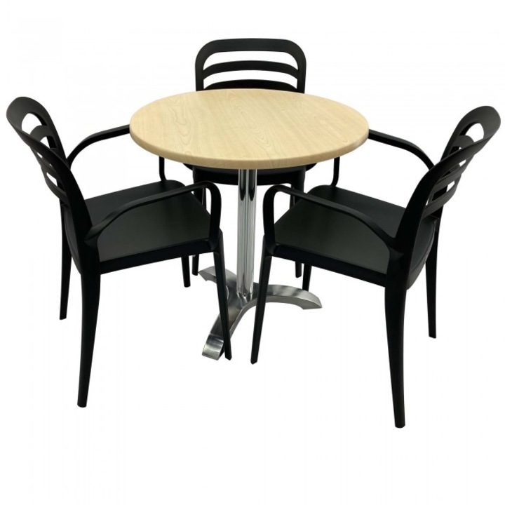Set mobila de terasa restaurant Raki Maple masa rotunda 70cm cu blat werzalit si picior aluminiu, 3 scaune ASPENDOS cu brate negre