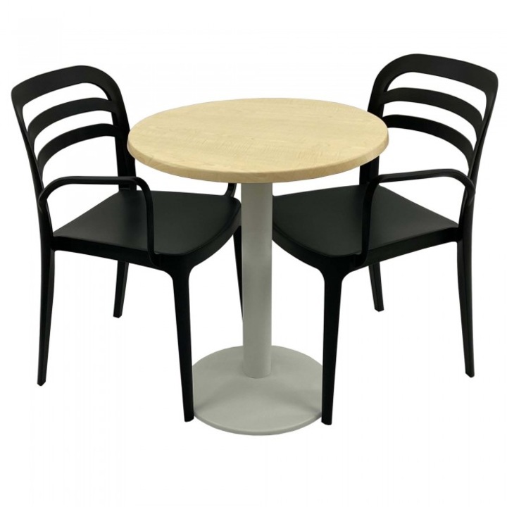 Set mobila de terasa restaurant Raki Maple masa rotunda 60cm cu blat werzalit si baza metalica culoare alba, 2 scaune ASPENDOS cu brate negre