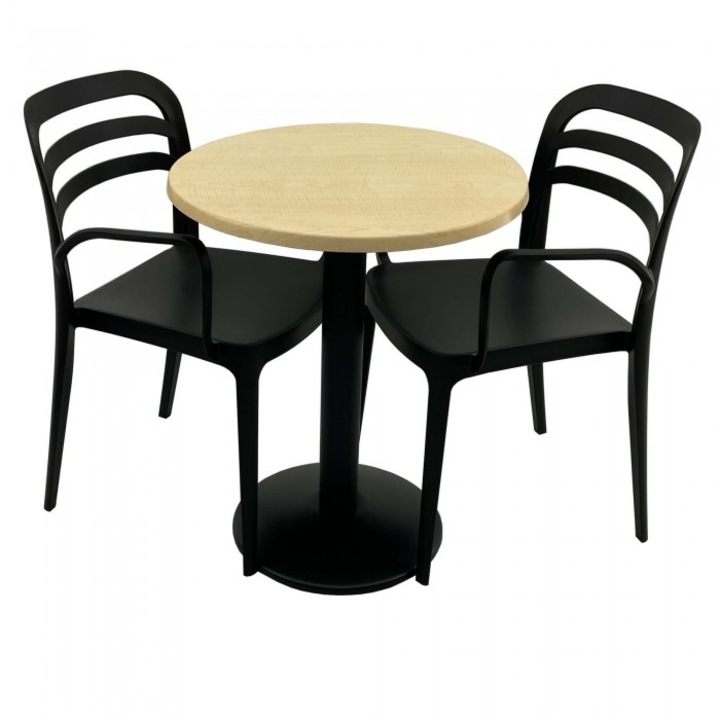 Set mobila de terasa restaurant Raki Maple masa rotunda 60cm cu blat werzalit si baza metalica, negru, 2 scaune ASPENDOS cu brate negre