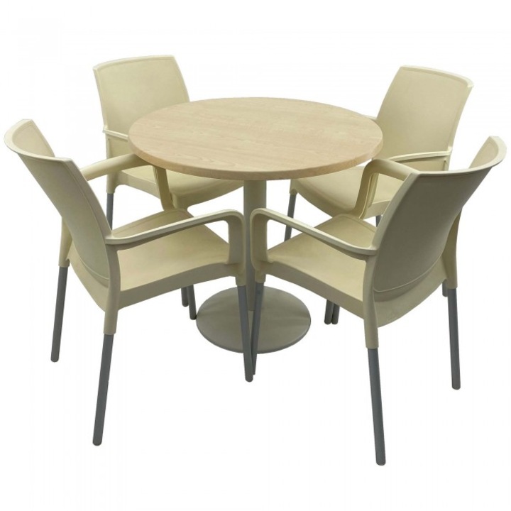 Set bistro de exterior, masa rotunda 80cm Raki Maple blat werzalit si baza metalica culoare alba, 4 scaune SUNSET crem