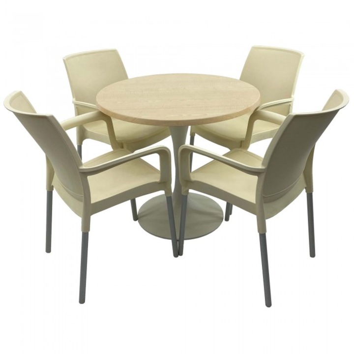Set bistro de exterior, masa rotunda 80cm Raki Maple blat werzalit si baza metalica alba, 4 scaune SUNSET crem