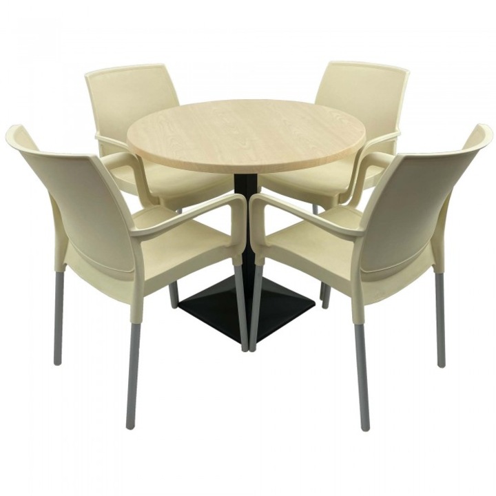 Set bistro de exterior, masa rotunda 80cm Raki Maple blat werzalit si baza metalica culoare negru, 4 scaune SUNSET crem