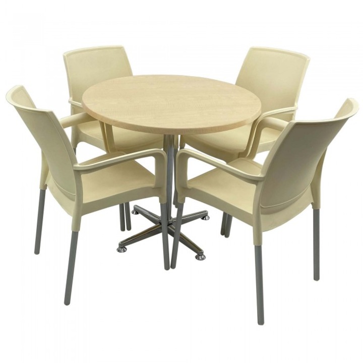 Set bistro de exterior, masa rotunda 80cm Raki Maple blat werzalit si picior cromat, 4 scaune SUNSET crem