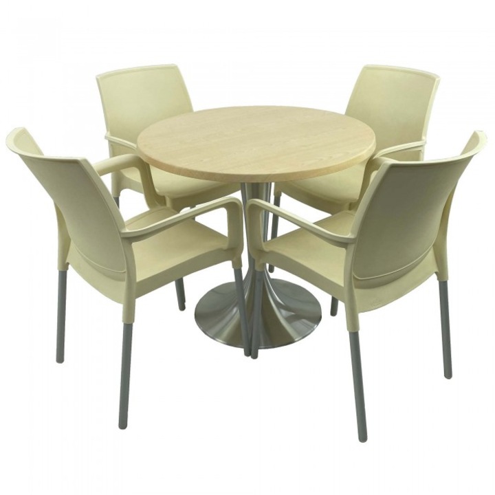 Set bistro de exterior, masa rotunda 80cm Raki Maple blat werzalit si baza aluminiu, 4 scaune SUNSET crem