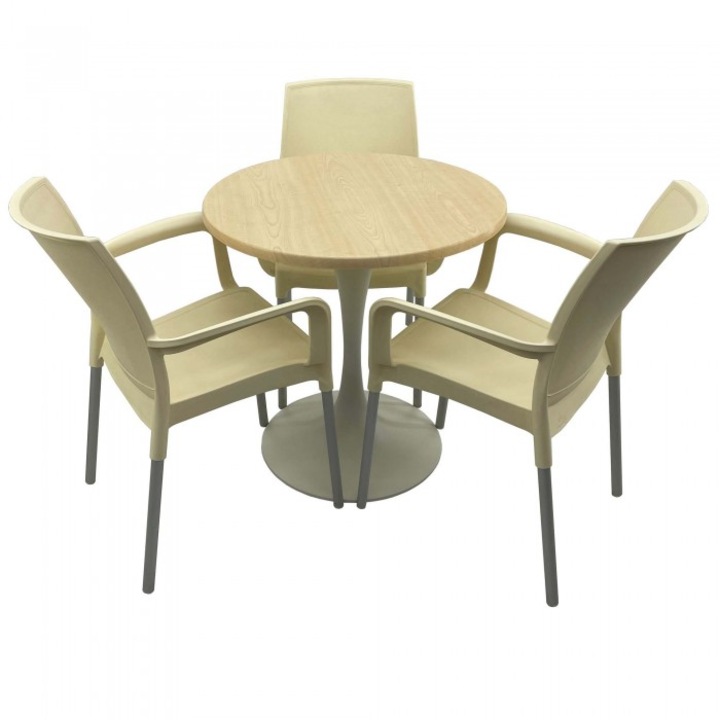 Set bistro de exterior, masa rotunda 70cm Raki Maple blat werzalit si baza metalica alba, 3 scaune SUNSET crem
