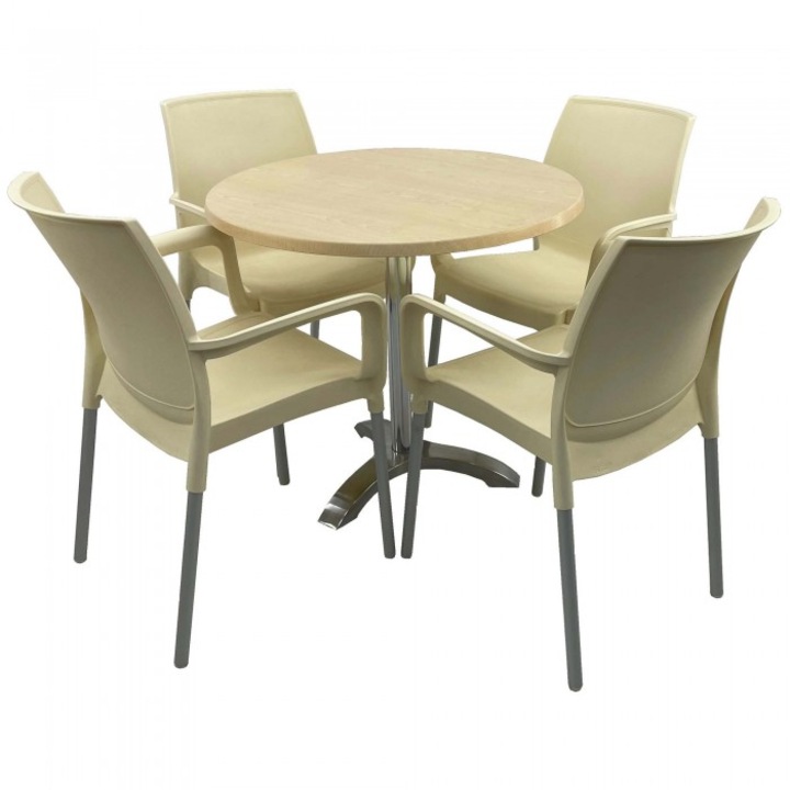 Set bistro de exterior, masa rotunda 80cm Raki Maple blat werzalit si picior aluminiu, 4 scaune SUNSET crem