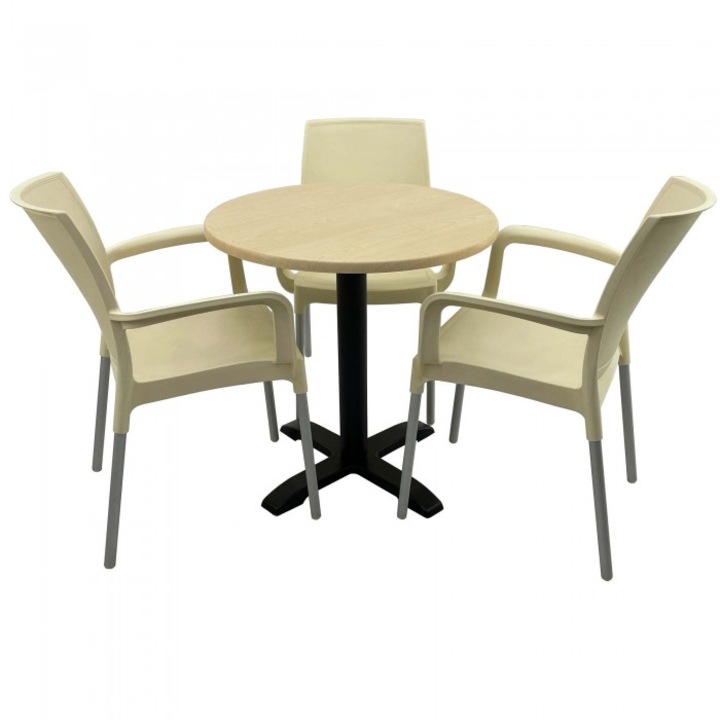 Set bistro de exterior, masa rotunda 70cm Raki Maple blat werzalit si baza metalica, 3 scaune SUNSET crem