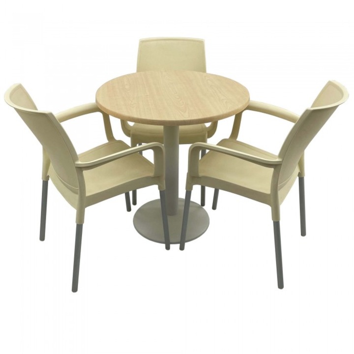 Set bistro de exterior, masa rotunda 70cm Raki Maple blat werzalit si baza metalica culoare alba, 3 scaune SUNSET crem