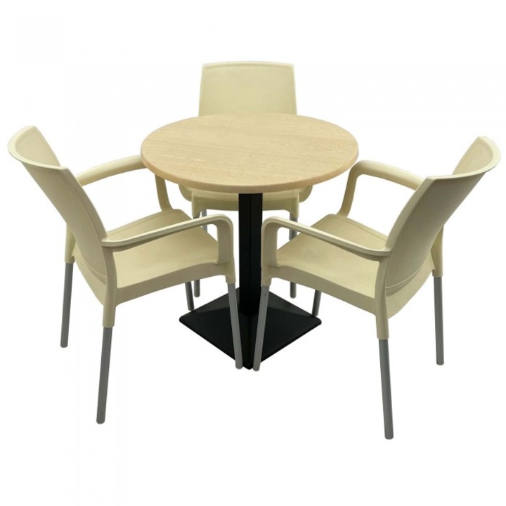 Set bistro de exterior, masa rotunda 70cm Raki Maple blat werzalit si baza metalica culoare negru, 3 scaune SUNSET crem
