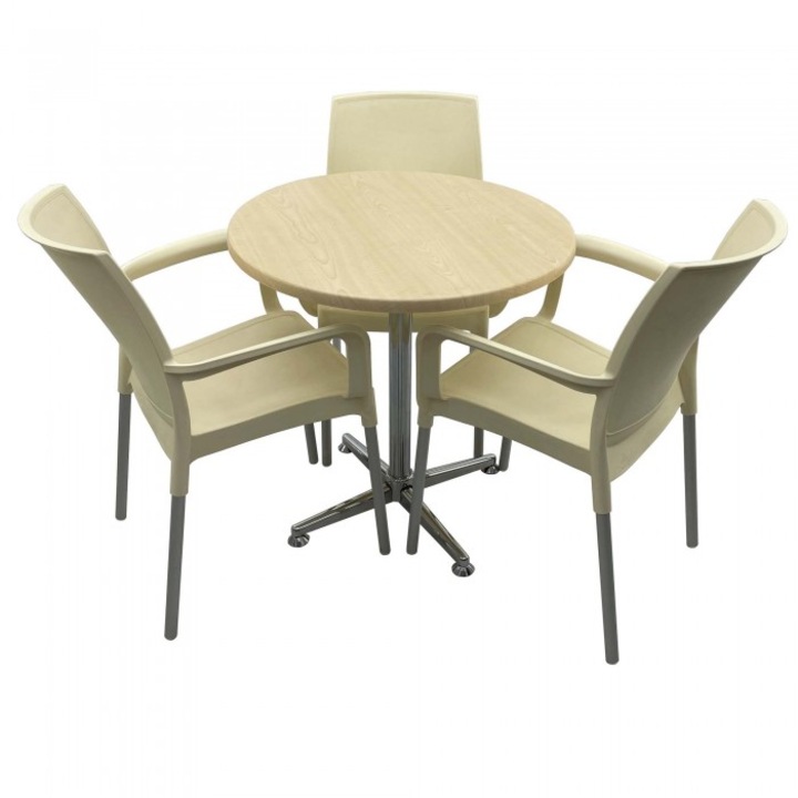 Set bistro de exterior, masa rotunda 70cm Raki Maple blat werzalit si picior cromat, 3 scaune SUNSET crem