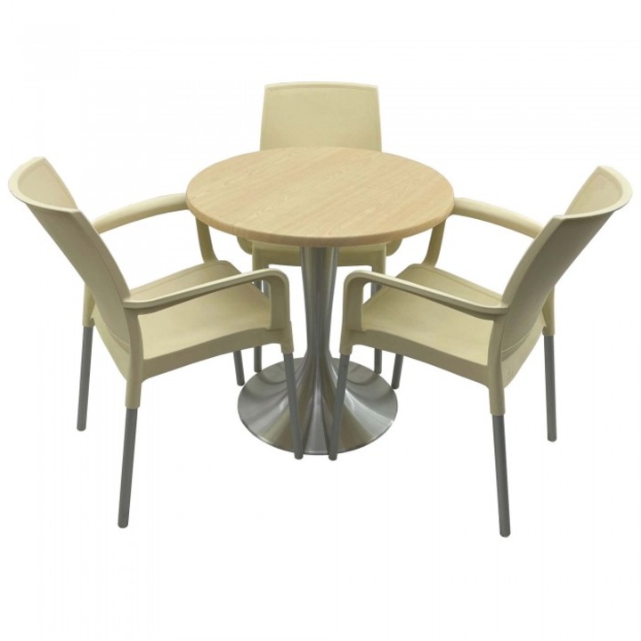 Set bistro de exterior, masa rotunda 70cm Raki Maple blat werzalit si baza aluminiu, 3 scaune SUNSET crem