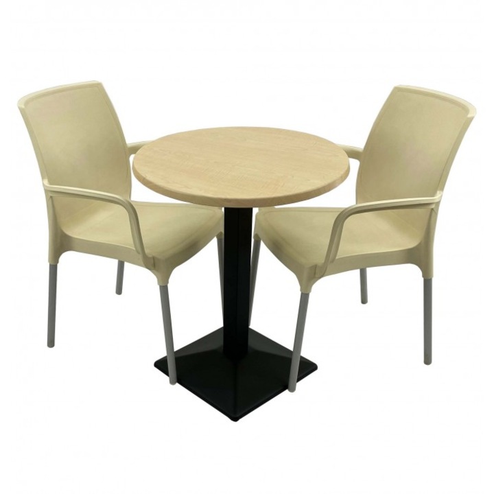 Set bistro de exterior, masa rotunda 60cm Raki Maple blat werzalit si baza metalica culoare negru, 2 scaune SUNSET crem