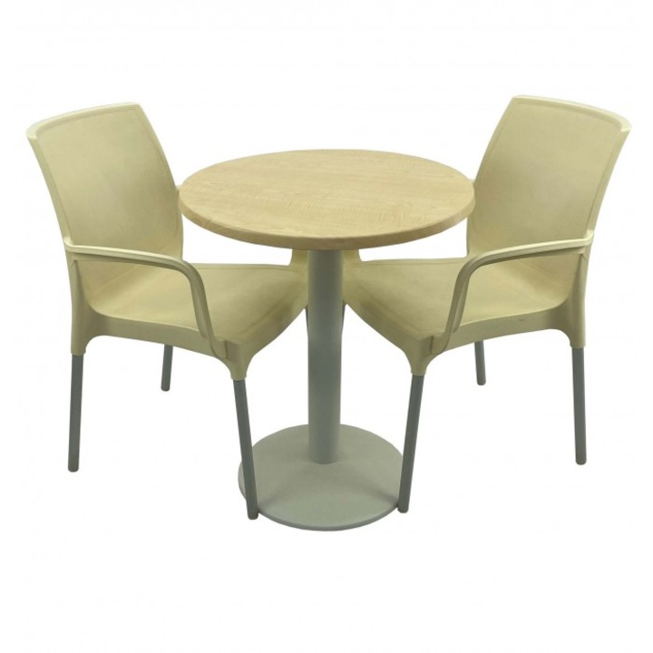Set bistro de exterior, masa rotunda 60cm Raki Maple blat werzalit si baza metalica culoare alba, 2 scaune SUNSET crem