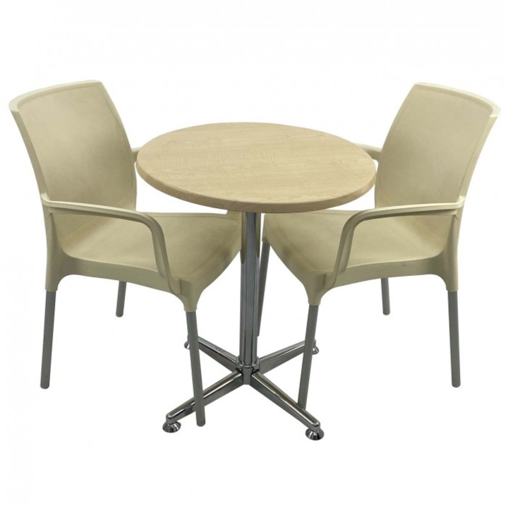 Set bistro de exterior, masa rotunda 60cm Raki Maple blat werzalit si baza crom clasica, 2 scaune SUNSET crem